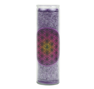 Stearin Kerze Blume des Lebens violett in Glas