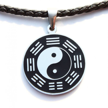 Pendentif Yin Yang avec trigrammes en acier inoxydable Ø 30 x 2,4 mm