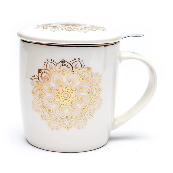 Tasse à thé avec passoire et couvercle blanc Mandala