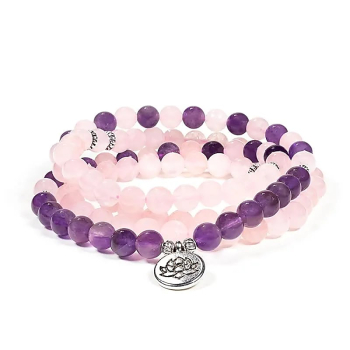 Mala quartz rose/améthyste élastique avec lotus