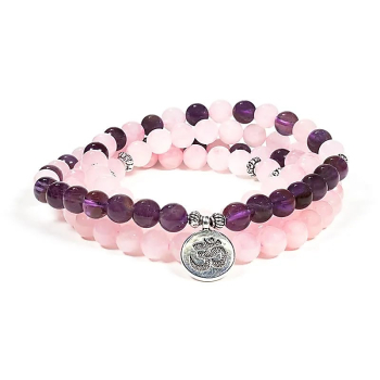 Mala quartz rose/améthyste élastique avec Om