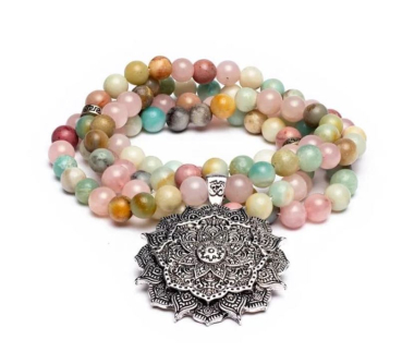 Mala quartz rose / amazonite / rhodonite + lotus