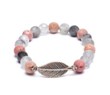 Mala / bracelet rhodonite / quartz gris + plume