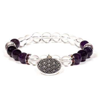 Bracelet élastique avec cristal de roche et perles d'améthyste et pendentif fleur de vie