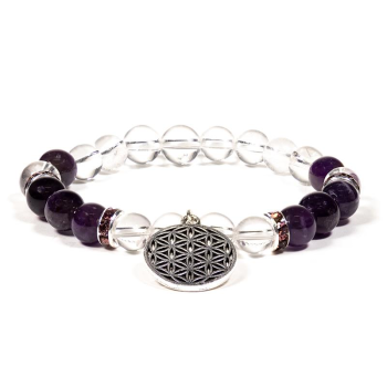 Armband Bergkristall/Amethyst + Blume des Lebens