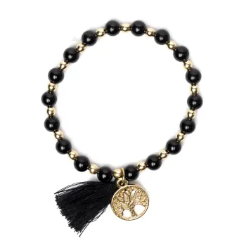 Armband schwarzer Turmalin & Hämatit mit Lebensbaum und Quaste