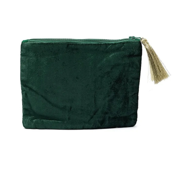 Preview: Pochette en velours verte avec fermeture éclair, ornée d'un arbre de vie et de cœurs
