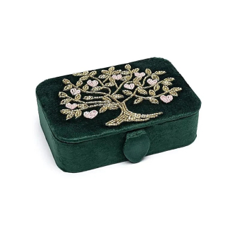 Coffret à bijoux / tarot en velours vert avec l'arbre de vie et des cœurs