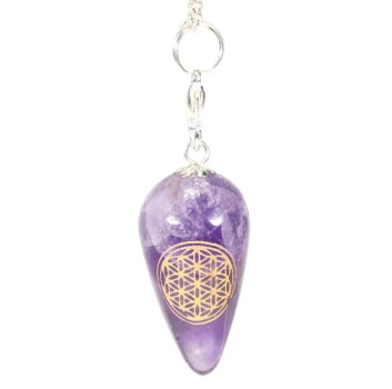 Pendule en améthyste en forme de larme et Fleur de Vie