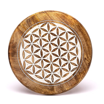 Petite table d'appoint Fleur de vie impression blanche bois de manguier