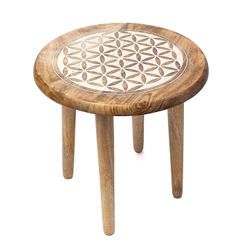 Petite table d'appoint Fleur de vie impression blanche bois de manguier