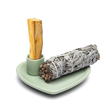Keramik Smudgeschale und Palo Santo Halter herzförmig pastellgrün