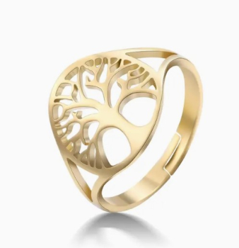 Anneau Arbre de vie, acier inoxydable, couleur dorée, réglable