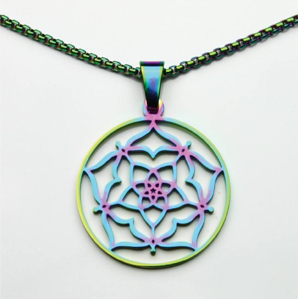 Pendentif fleur de Vénus arc-en-ciel acier inoxydable Ø 30 mm
