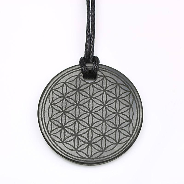 Pendentif environ 29 mm fleur de vie gravée en shungite polie