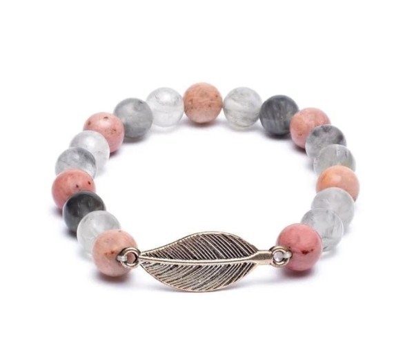 Mala / bracelet rhodonite / quartz gris + plume