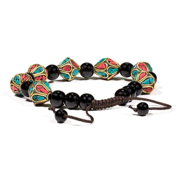 Bracelet turquoise, corail & agate noire ajustable