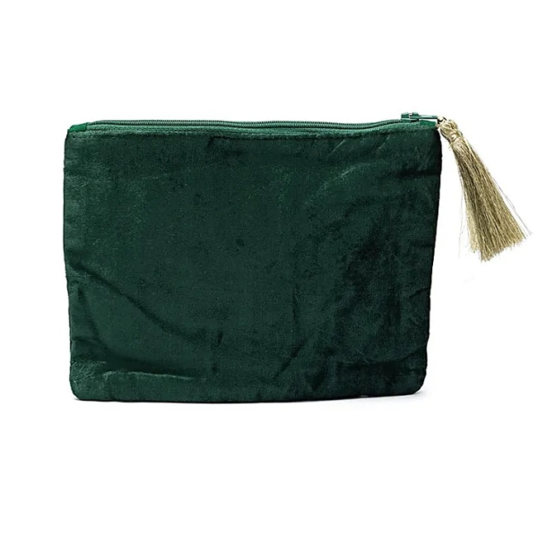 Pochette en velours verte avec fermeture éclair, ornée d'un arbre de vie et de cœurs