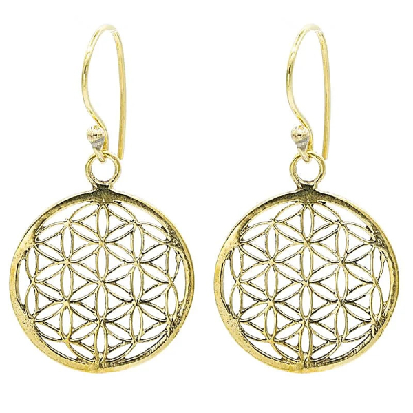 Boules de Qi Gong argentées 3,5 cm Boucles d'oreilles Fleur de vie laiton doré