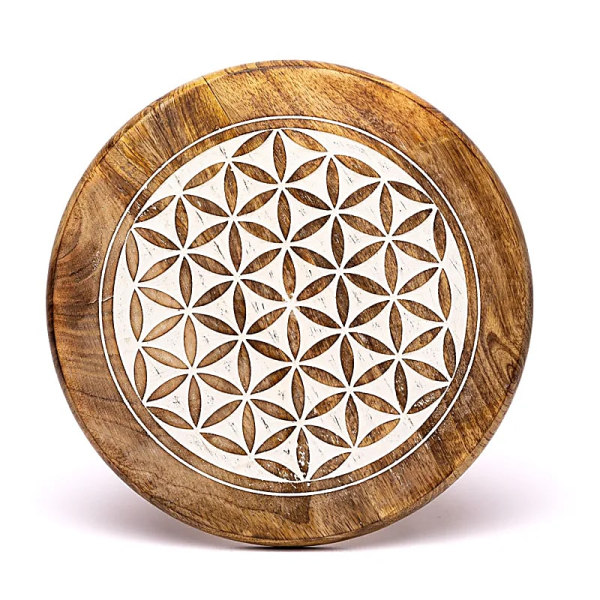 Petite table d'appoint Fleur de vie impression blanche bois de manguier
