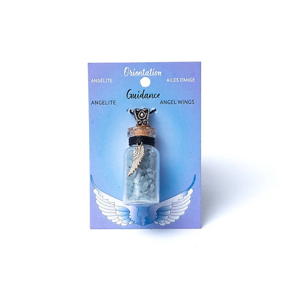 Bouteille cadeau en verre et cordon avec angélite et ailes d'ange