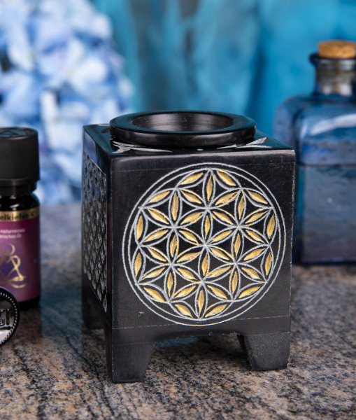 Flower of Life, lampe aromatique carrée noir - or